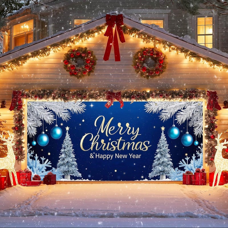 IVN Christmas Garage Door Cover Decoration 13x6ft Snowy Night Trees with Ornaments Blue Holiday Christmas Garage Door Banner Home Door Front Yard Decor for Xmas Eve Holiday Outdoor - Image 1